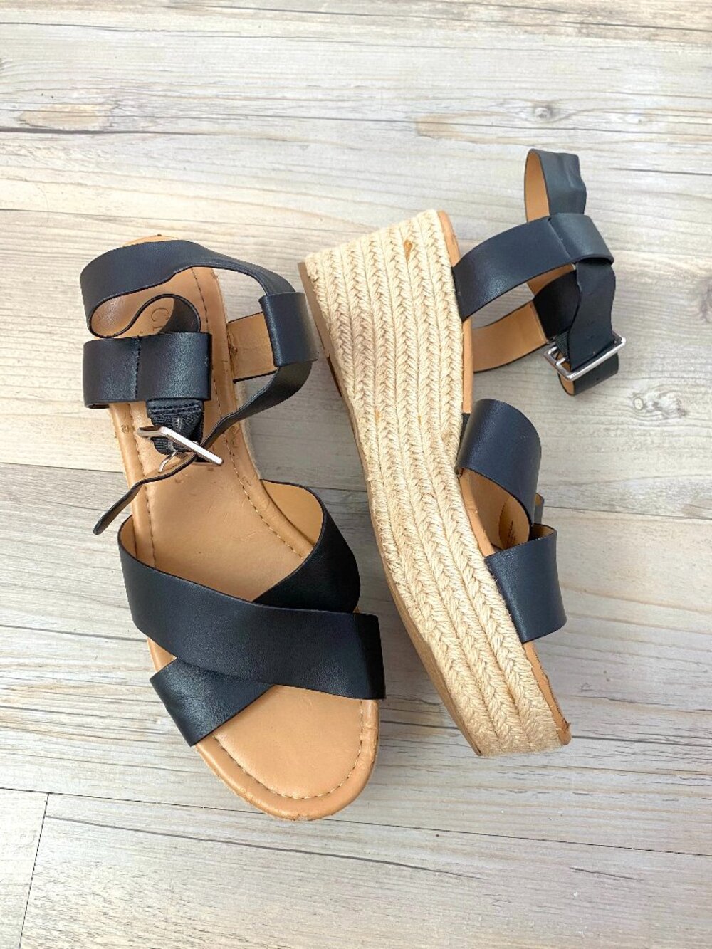 J. Crew Black Strappy Espadrille Wedges, Size 9
